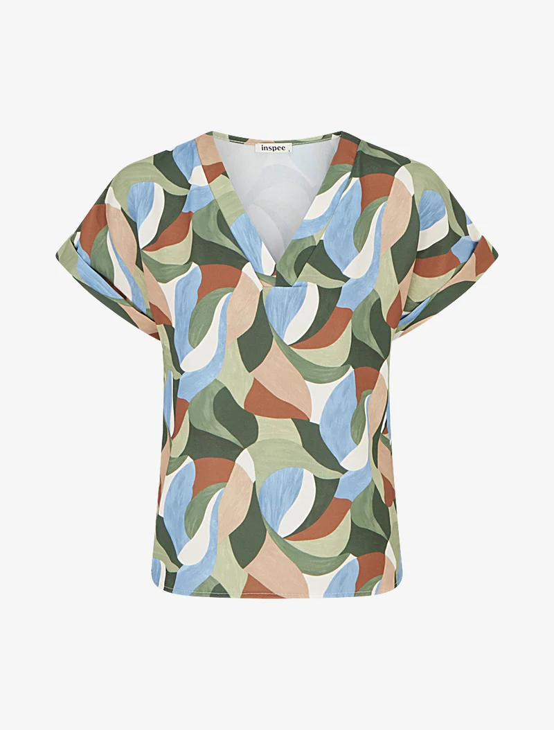 Kurzarm-Top mit abstraktem Print - Kaki