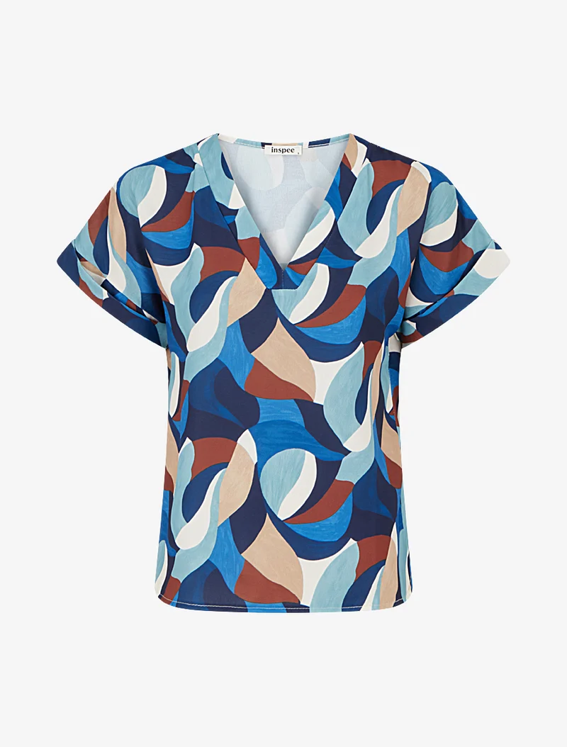 Kurzarm-Top mit abstraktem Print - Blau