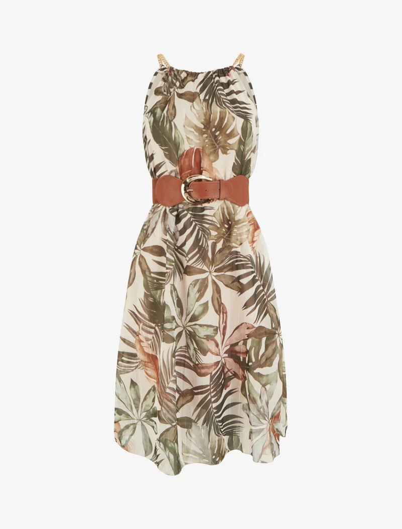 Kleid mit Kettenträgern und tropischem Druck - Dunkles Khaki