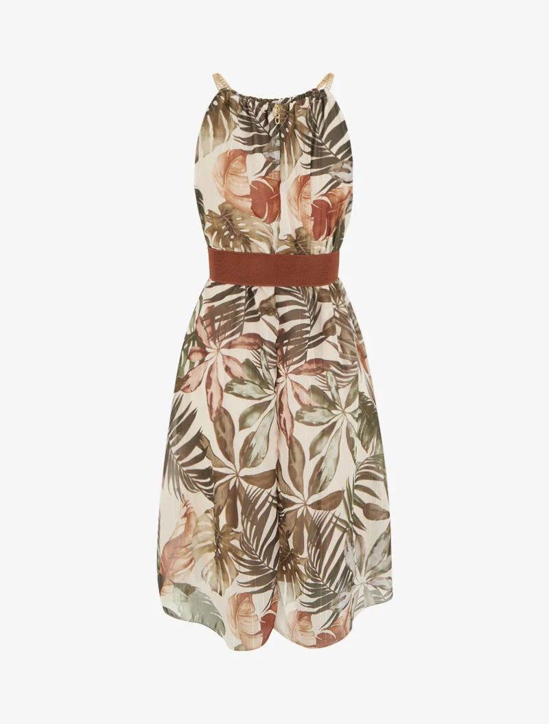 Kleid mit Kettenträgern und tropischem Druck - Dunkles Khaki