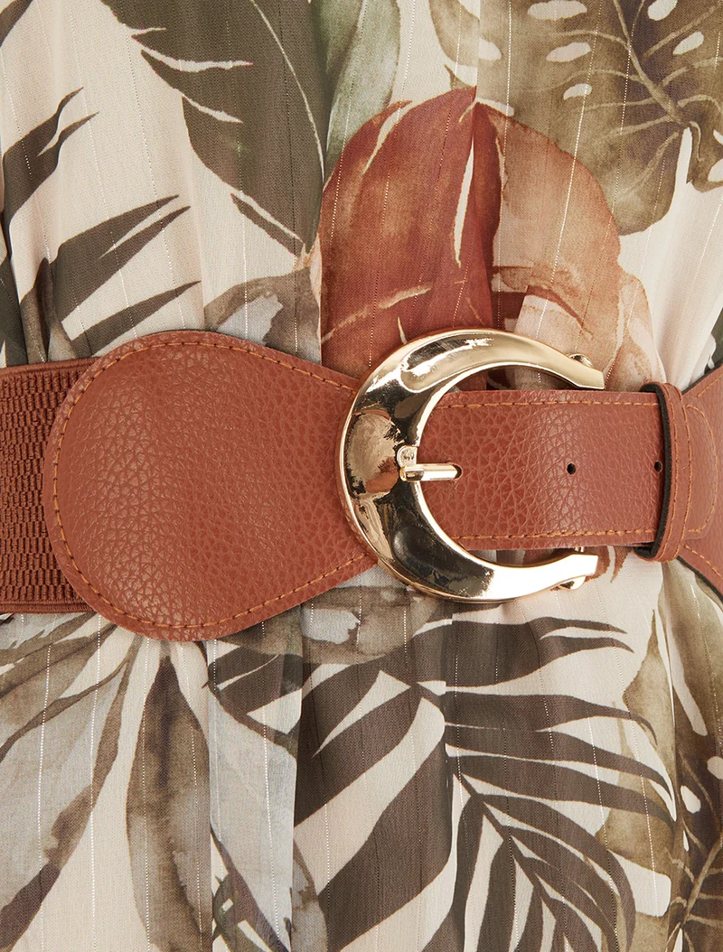Kleid mit Kettenträgern und tropischem Druck - Dunkles Khaki