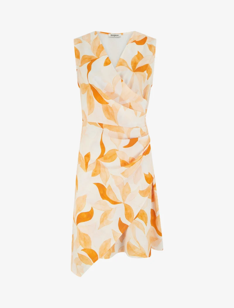 Ärmelloses Wickelkleid mit Blätterdruck - Orange