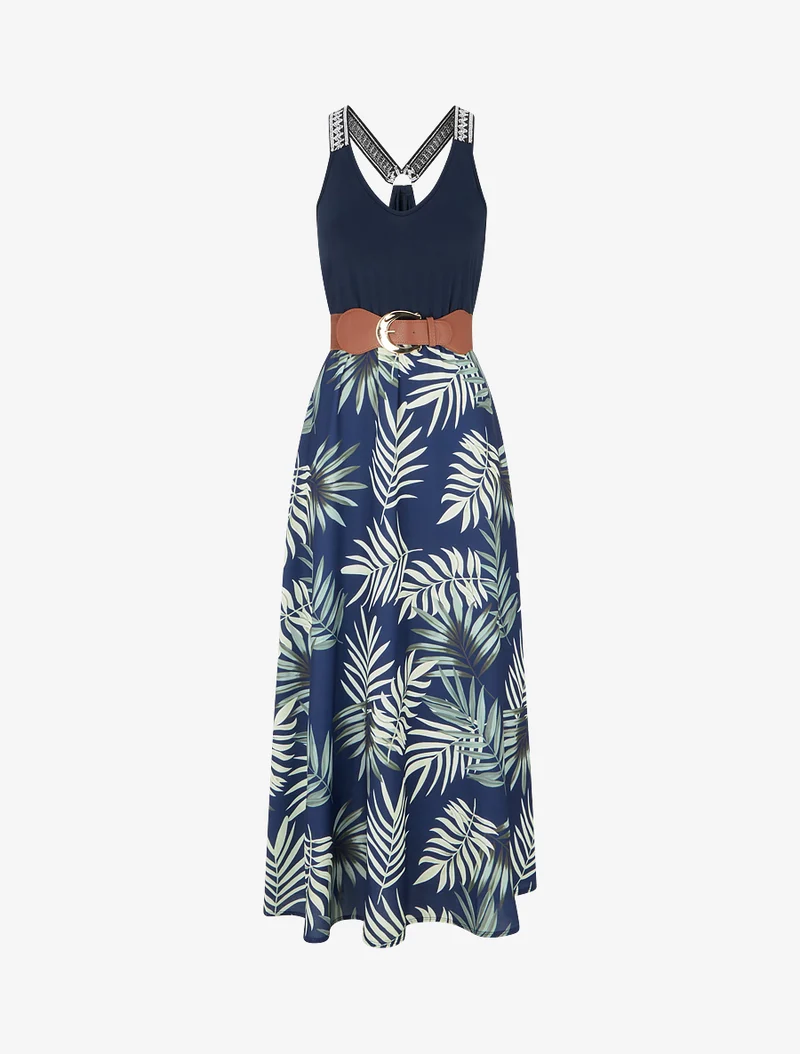 Langes Kleid mit Blätterdruck - Grün