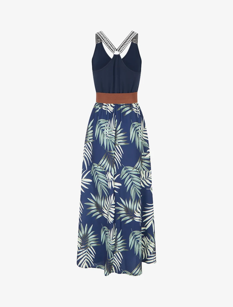 Langes Kleid mit Blätterdruck - Grün