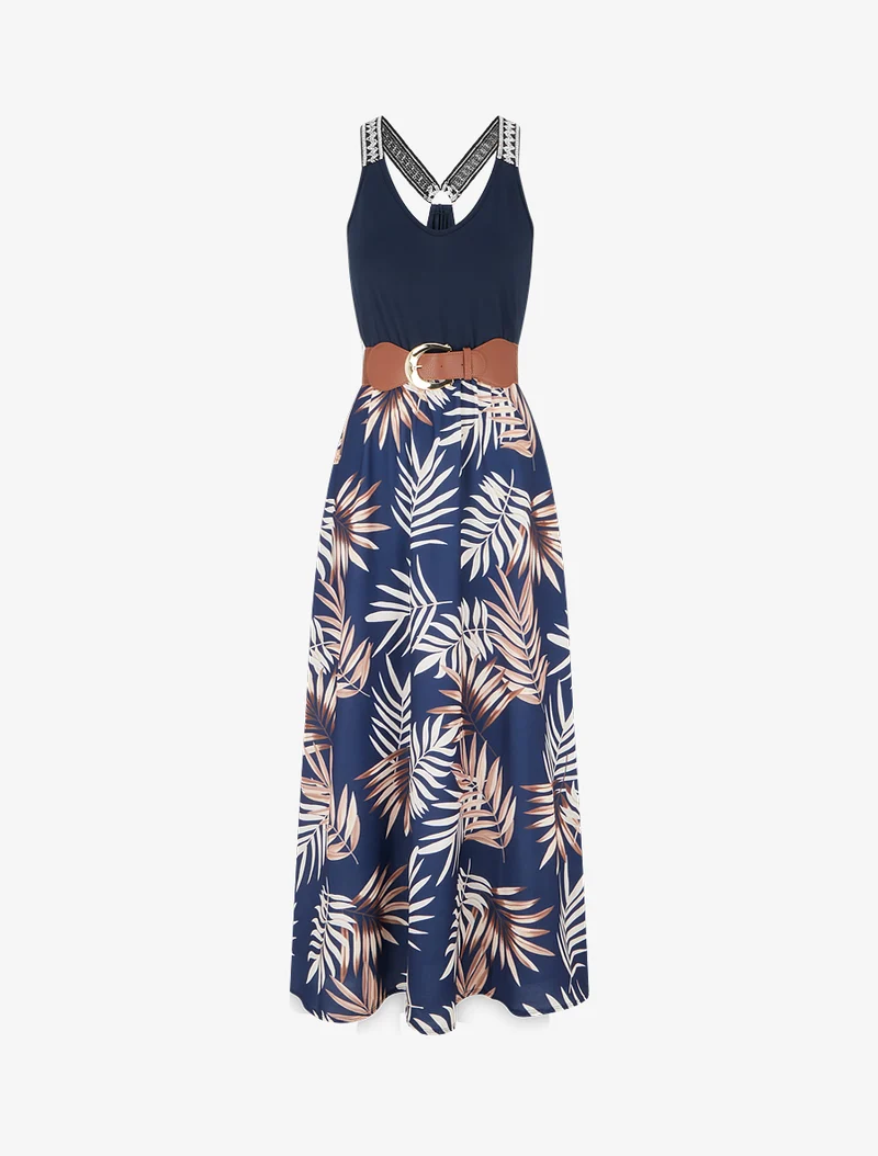 Langes Kleid mit Blätterdruck - Kamel