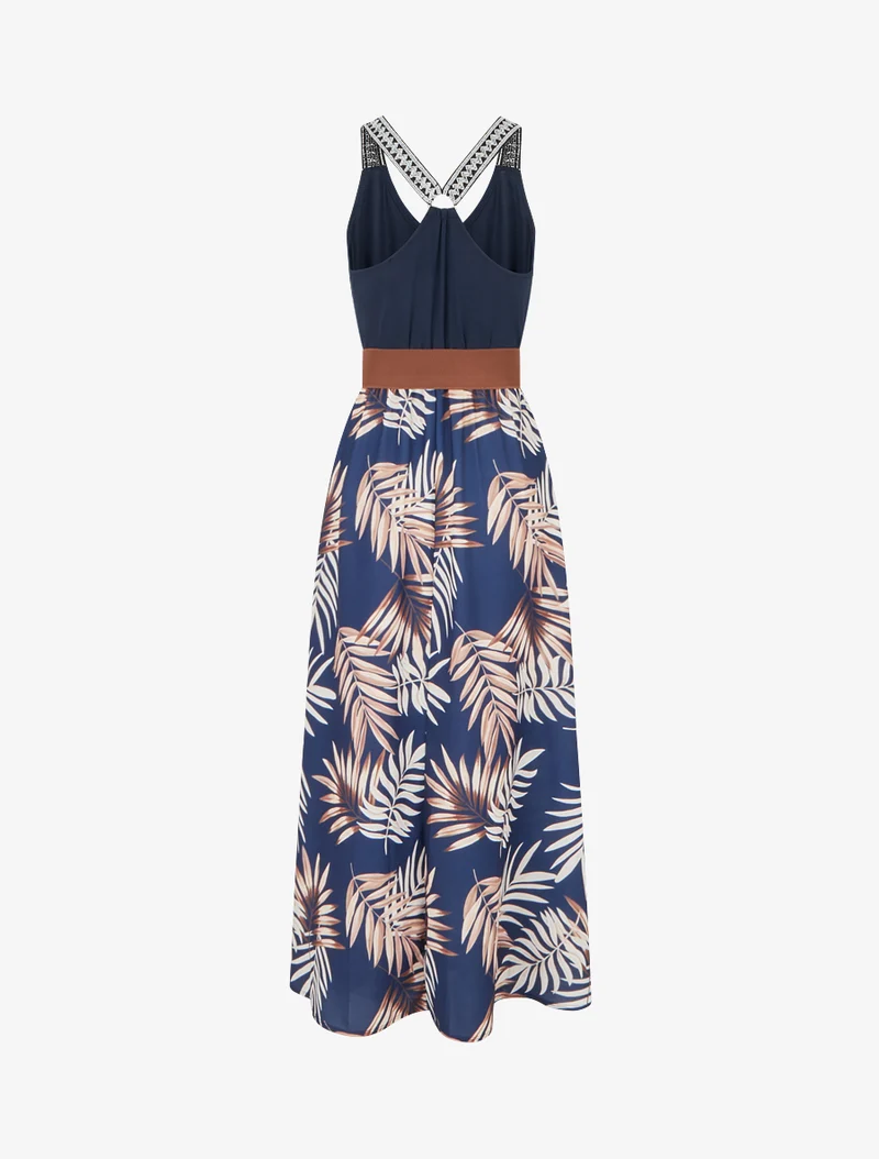 Langes Kleid mit Blätterdruck - Kamel