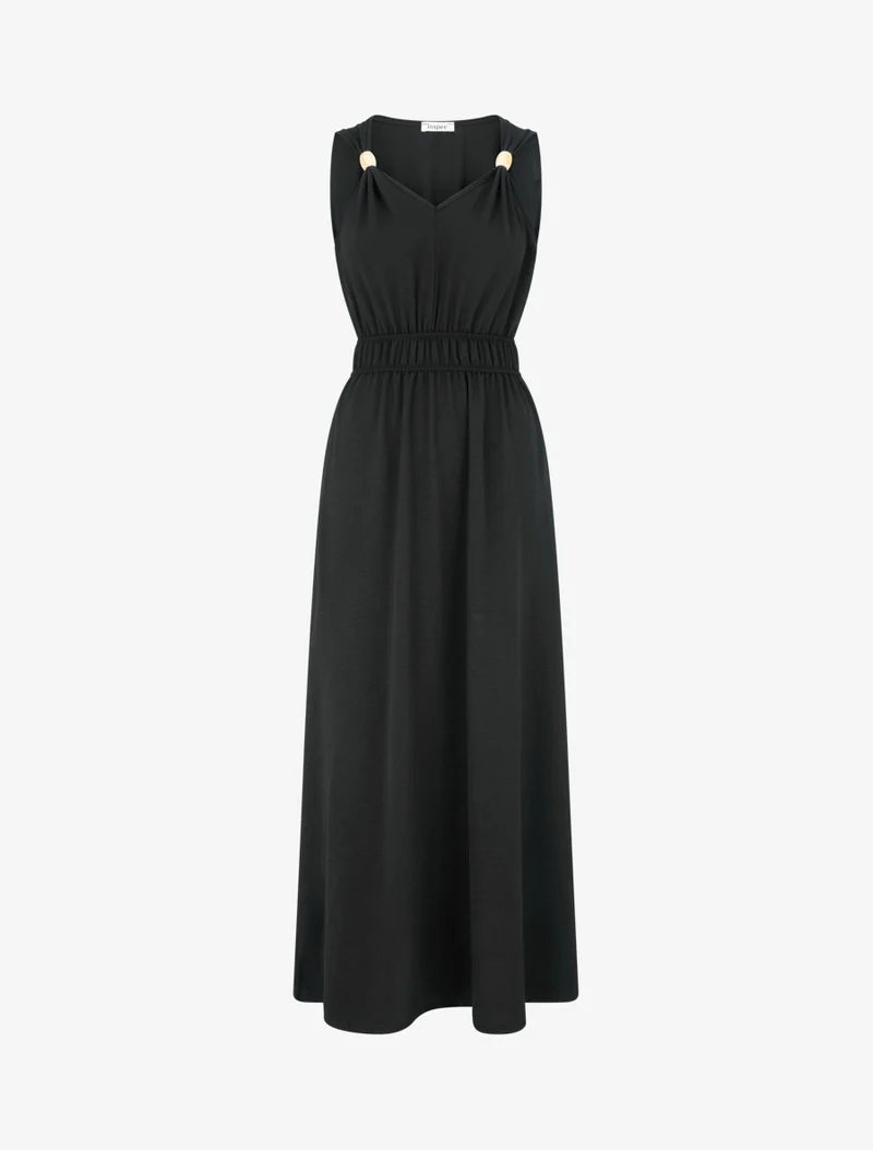 Einfarbiges Kleid mit Holzkugelbesatz - Schwarz