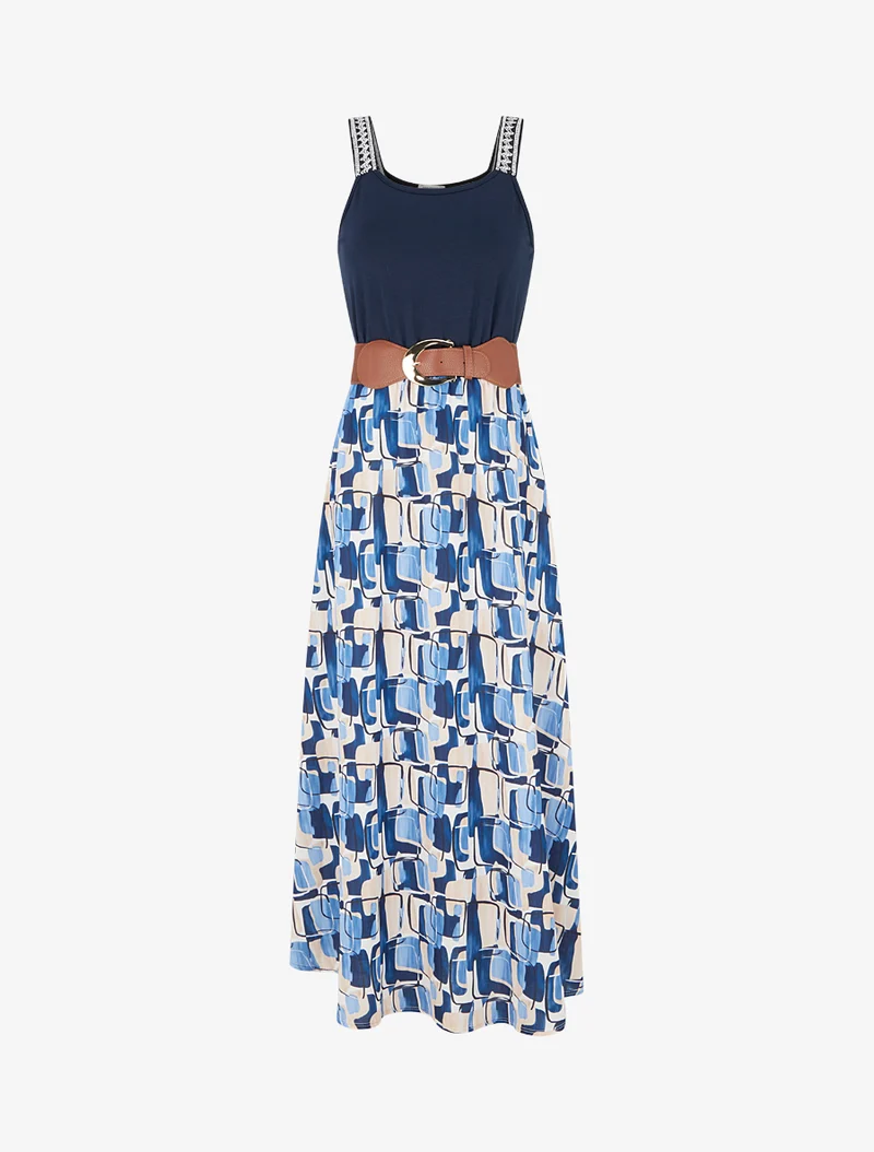 Langes Kleid mit grafischem Druck - Marine
