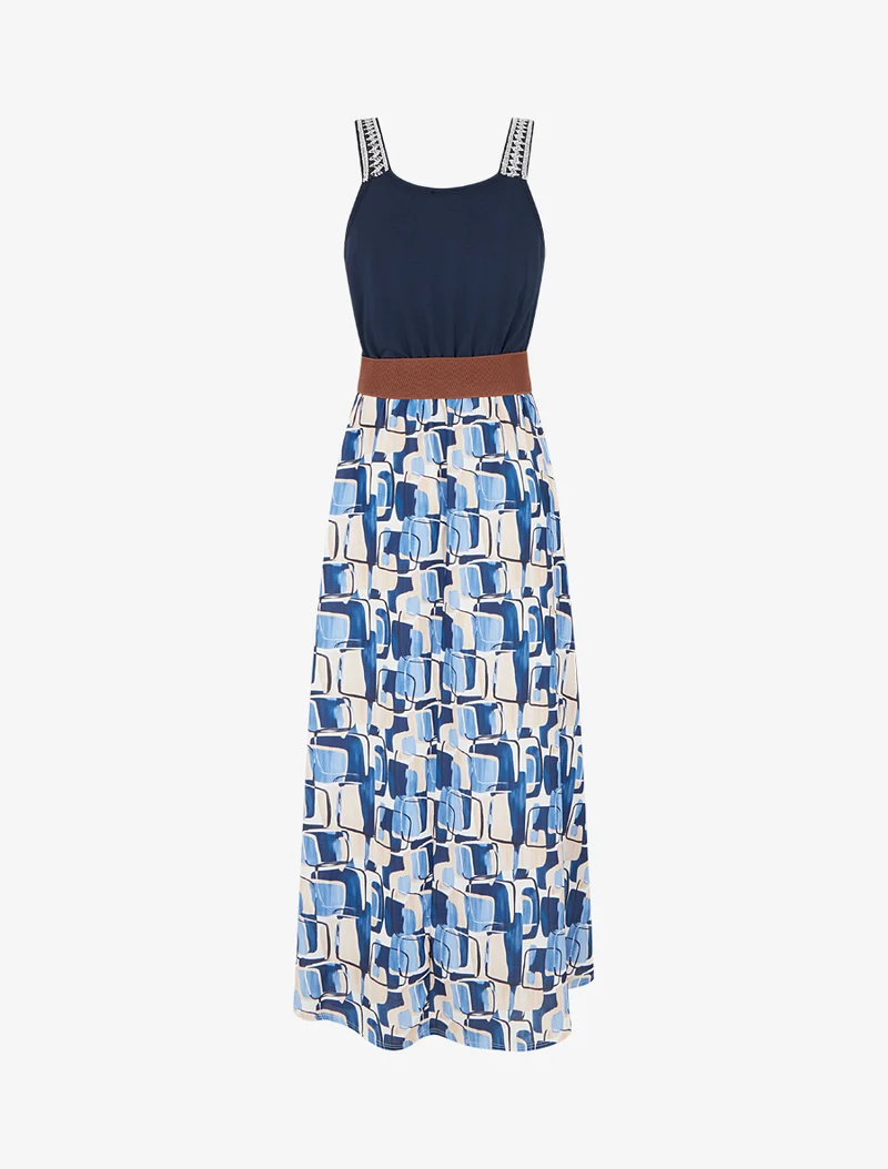 Langes Kleid mit grafischem Druck - Marine