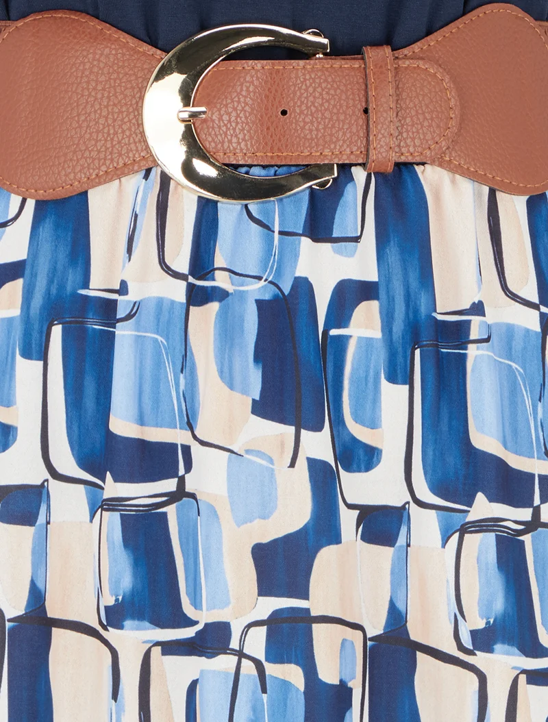 Langes Kleid mit grafischem Druck - Marine