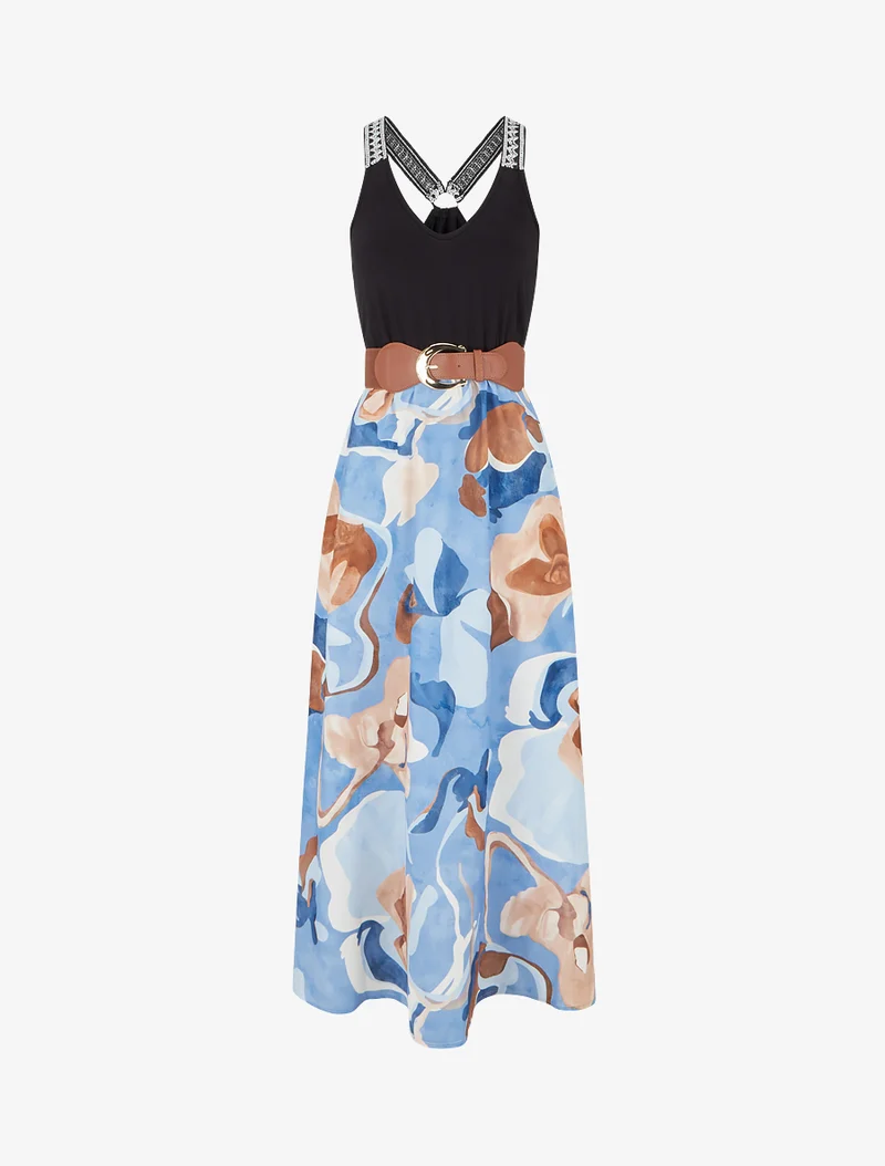 Langes Kleid mit Fantasiemuster - Himmelblau
