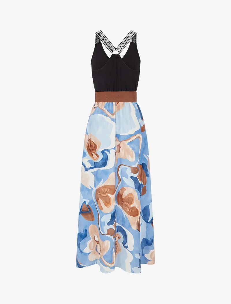 Langes Kleid mit Fantasiemuster - Himmelblau