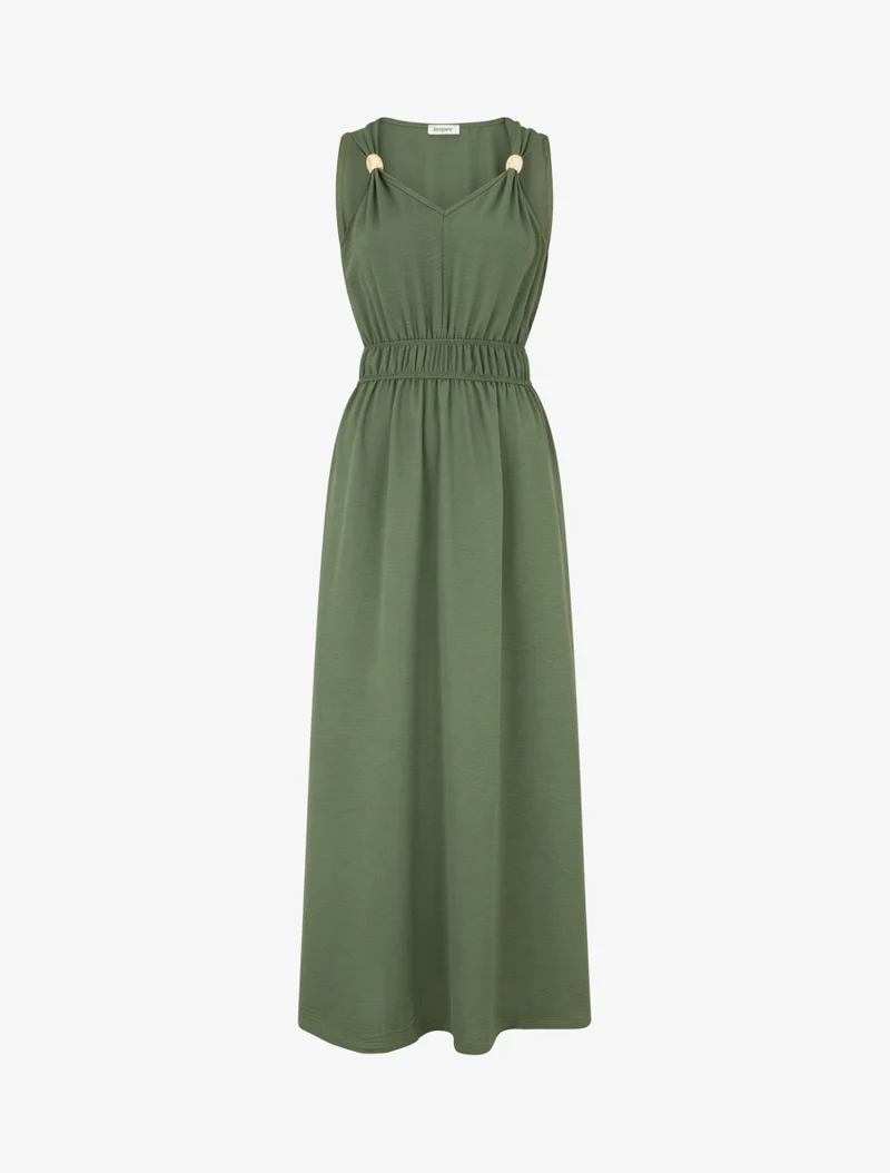 Einfarbiges Kleid mit Holzkugelbesatz - Kaki