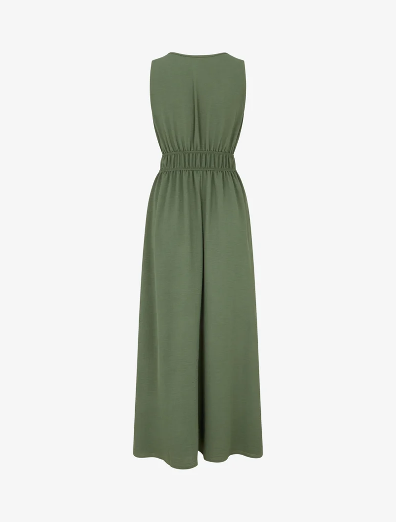 Einfarbiges Kleid mit Holzkugelbesatz - Kaki