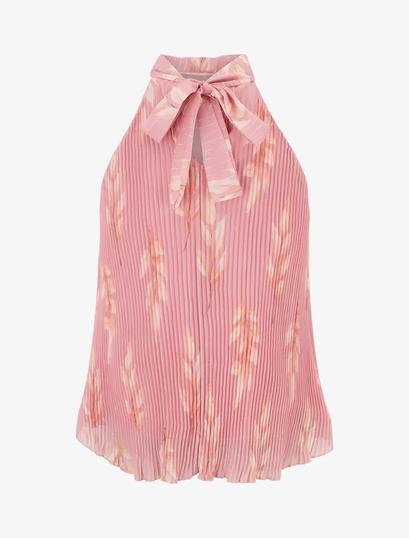 Ärmelloses, plissiertes Top mit Blattdruck - Rose