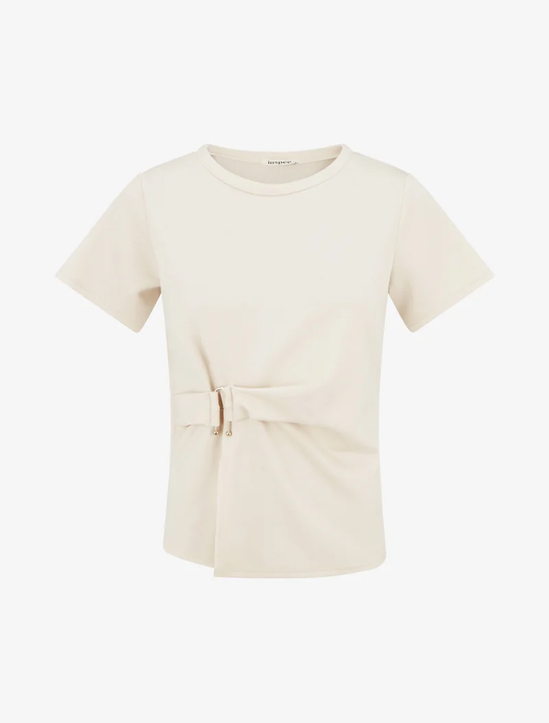 Kurzarm-Top mit Schnalle - Beige