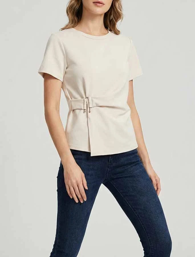 Kurzarm-Top mit Schnalle - Beige