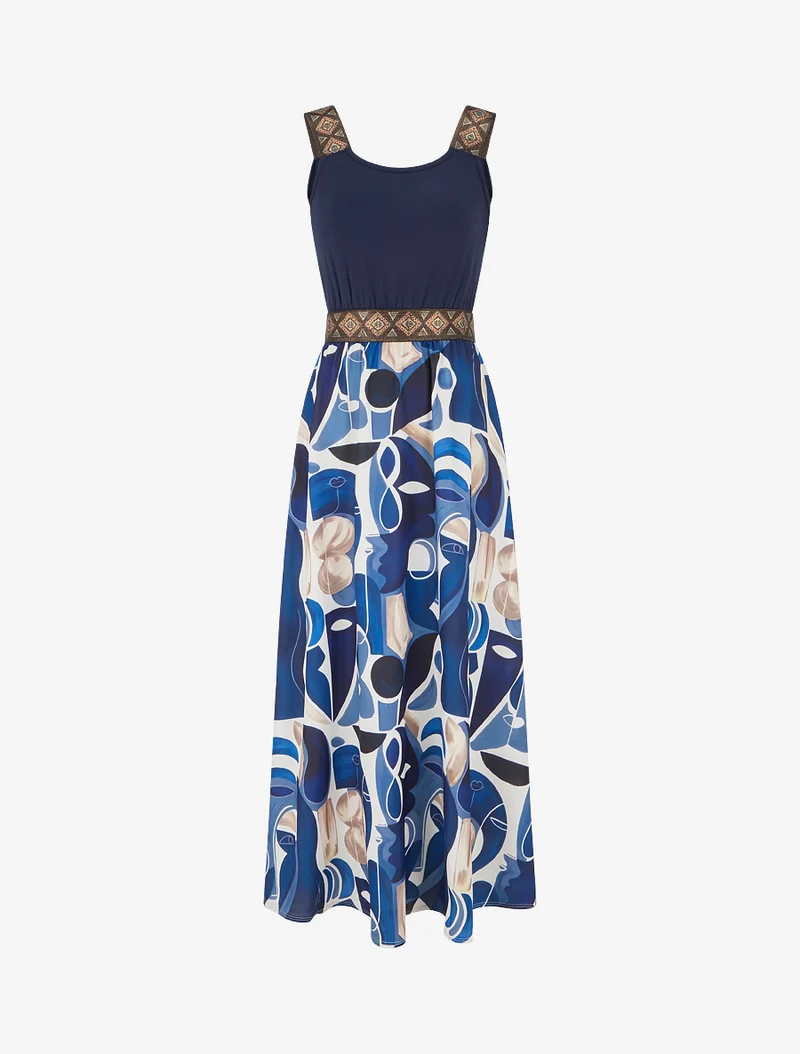 Kleid mit abstraktem Druck und stilisierten Trägern - Marine