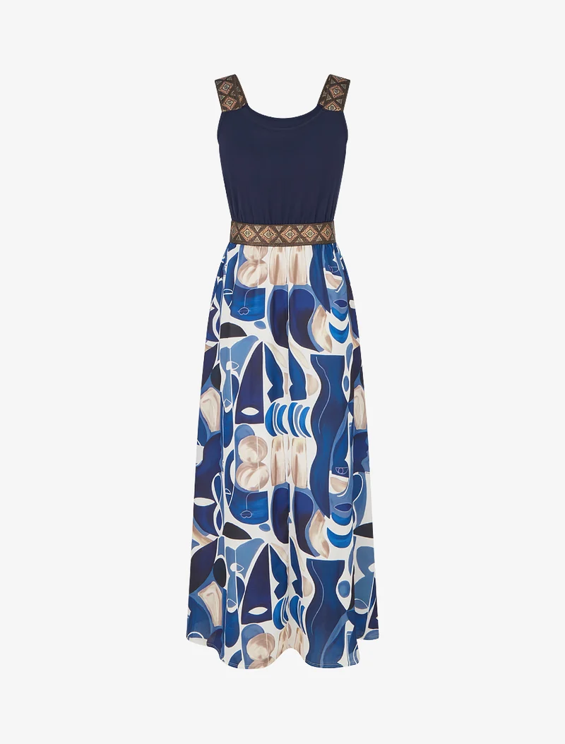 Kleid mit abstraktem Druck und stilisierten Trägern - Marine