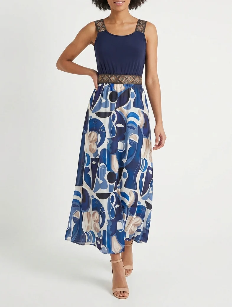Kleid mit abstraktem Druck und stilisierten Trägern - Marine