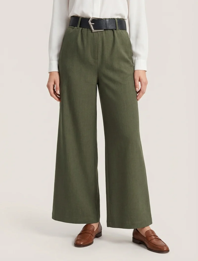 Weite einfarbige Hose mit hoher Taille - Kaki