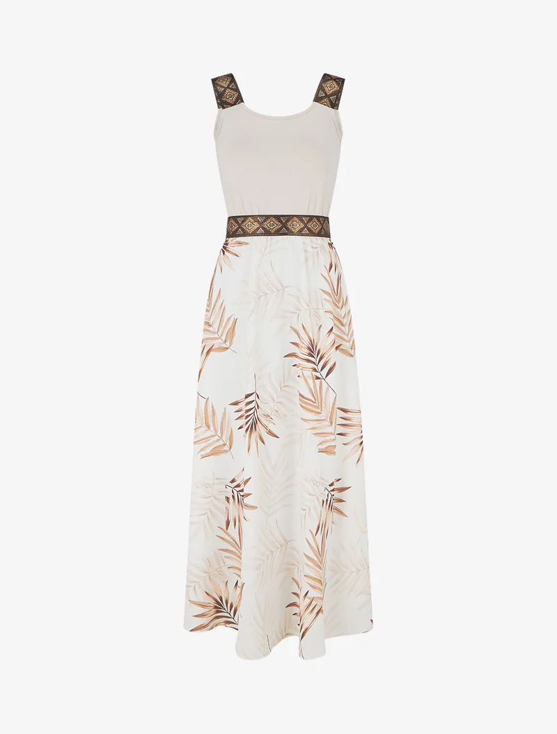Kleid mit Blattdruck und stilisierten Trägern - Beige