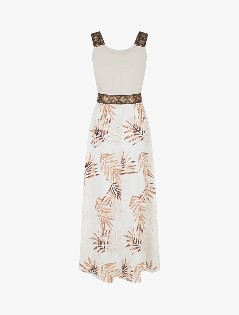 Kleid mit Blattdruck und stilisierten Trägern - Beige