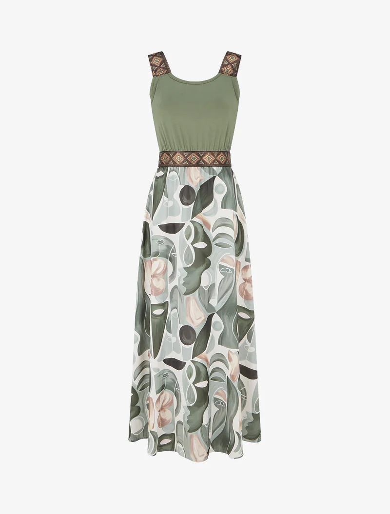 Kleid mit abstraktem Druck und stilisierten Trägern - Kaki