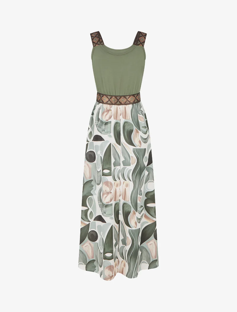 Kleid mit abstraktem Druck und stilisierten Trägern - Kaki