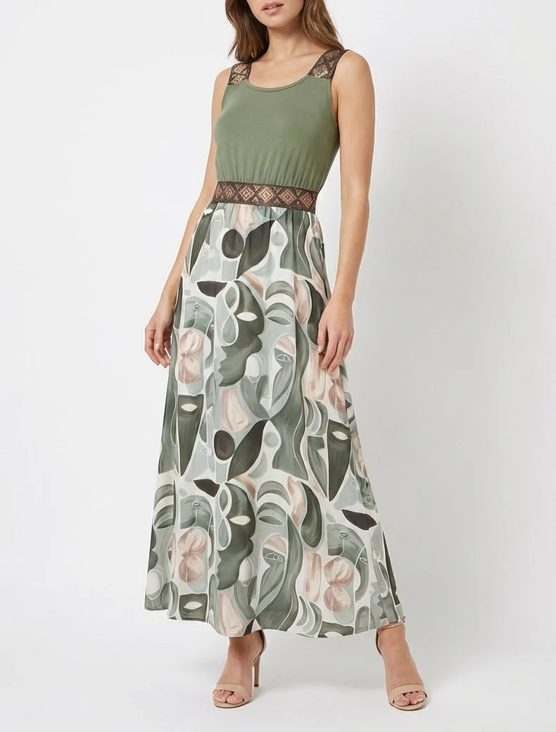 Kleid mit abstraktem Druck und stilisierten Trägern - Kaki