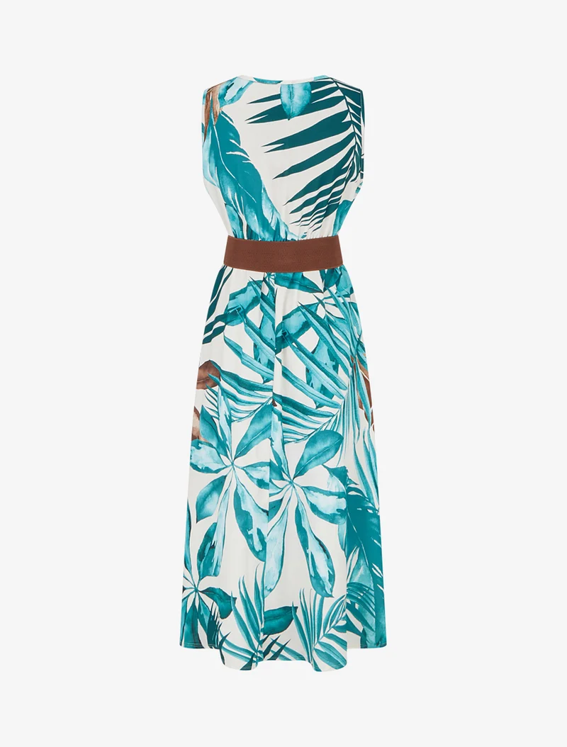 Ärmelloses Kleid mit Blattdruck - Entenblau