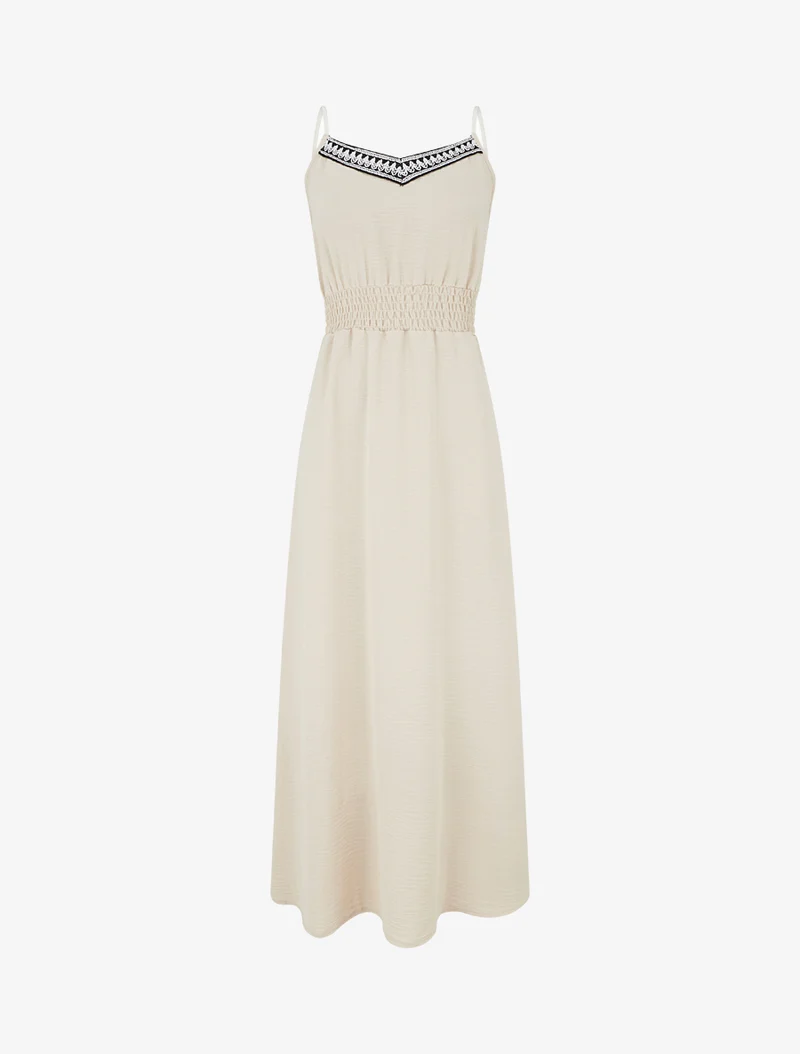 Langes einfarbiges Kleid mit elastischer Taille - Beige
