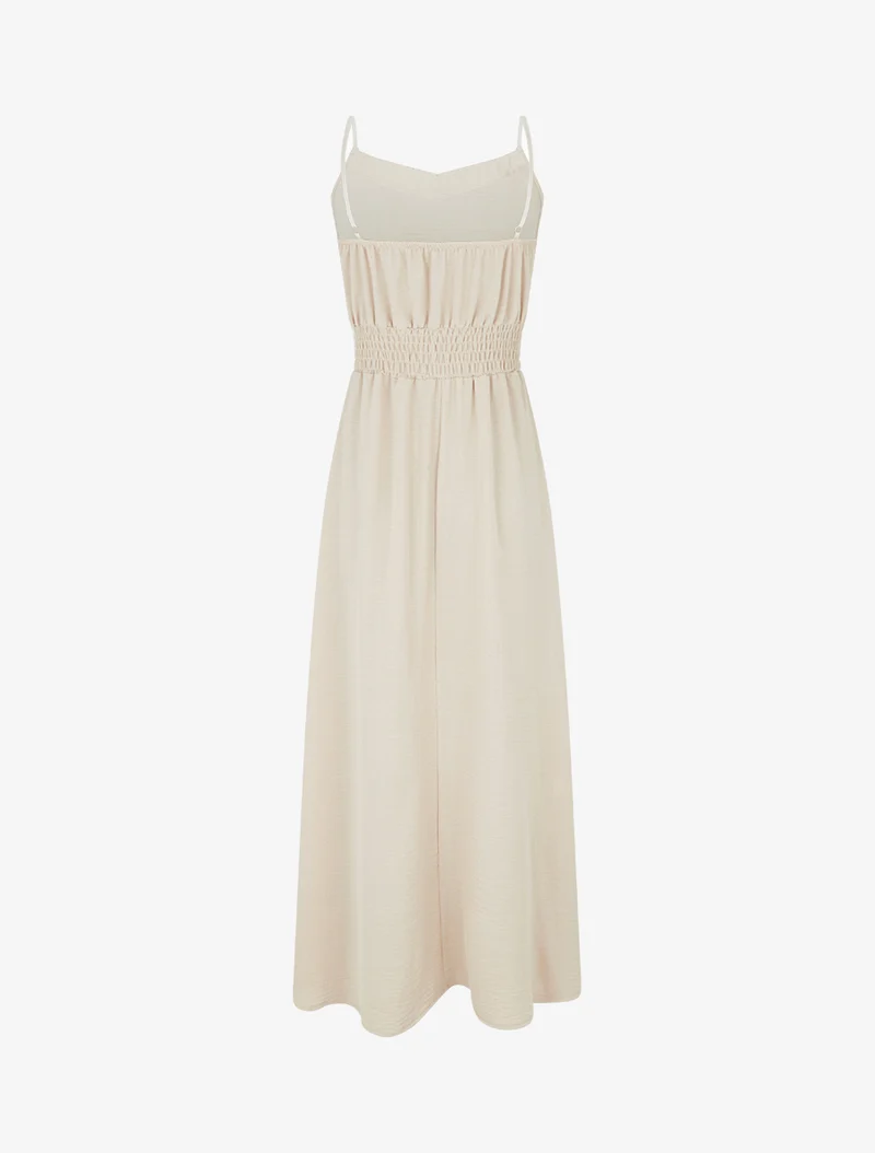 Langes einfarbiges Kleid mit elastischer Taille - Beige