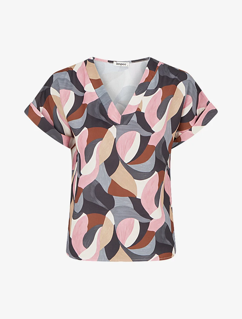 Kurzarm-Top mit abstraktem Print - Schwarz