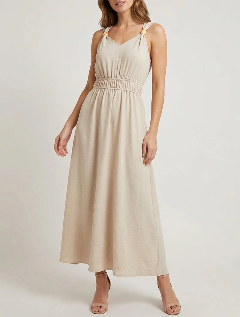 Einfarbiges Kleid mit Holzkugelbesatz - Beige