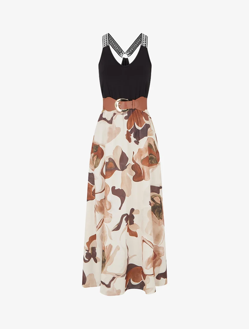 Langes Kleid mit Fantasiemuster - Beige