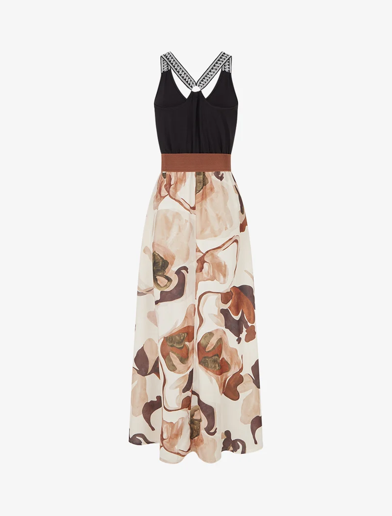 Langes Kleid mit Fantasiemuster - Beige