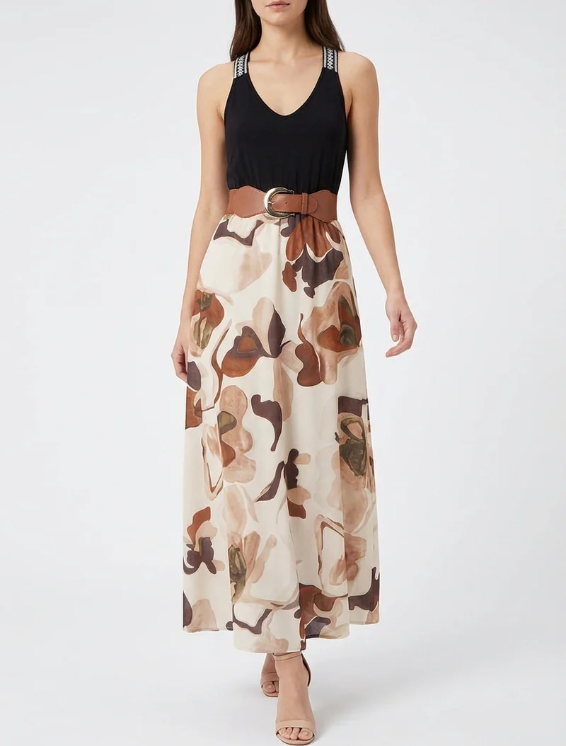 Langes Kleid mit Fantasiemuster - Beige