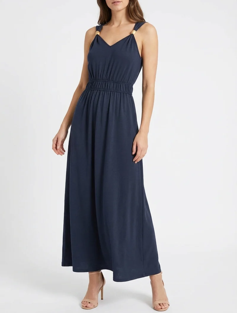 Einfarbiges Kleid mit Holzkugelbesatz - Marine
