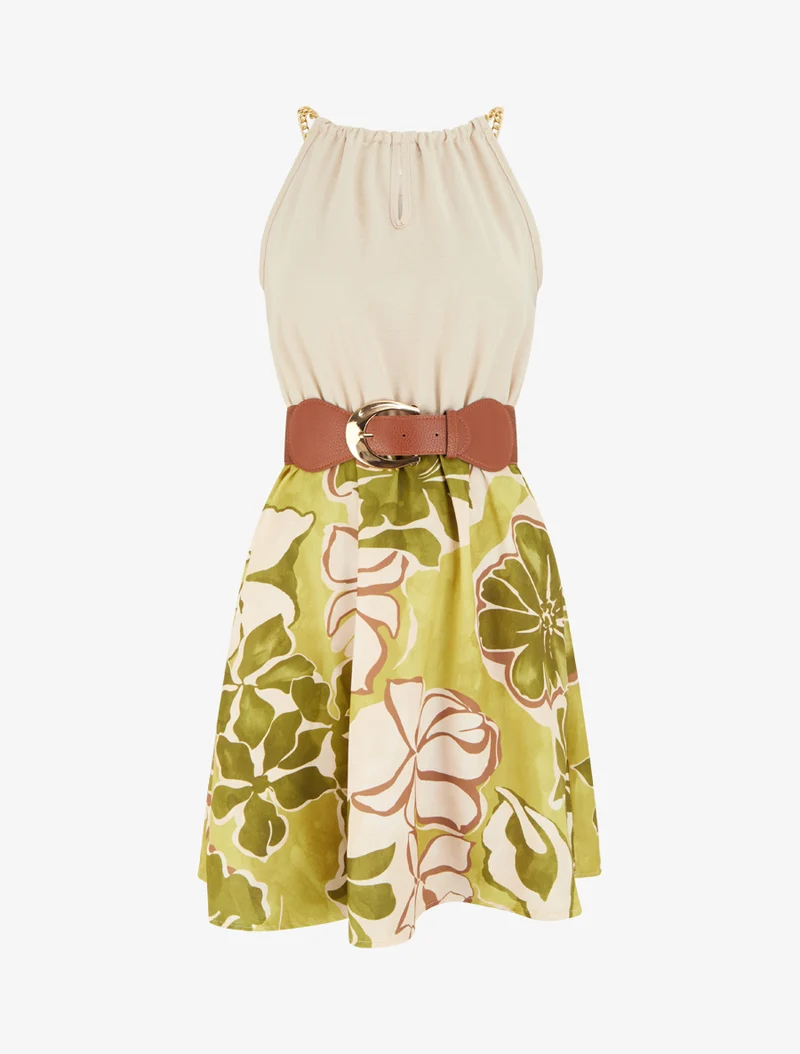 Kleid mit Ketten-Trägern und großem Blumenmuster - Olivgrün