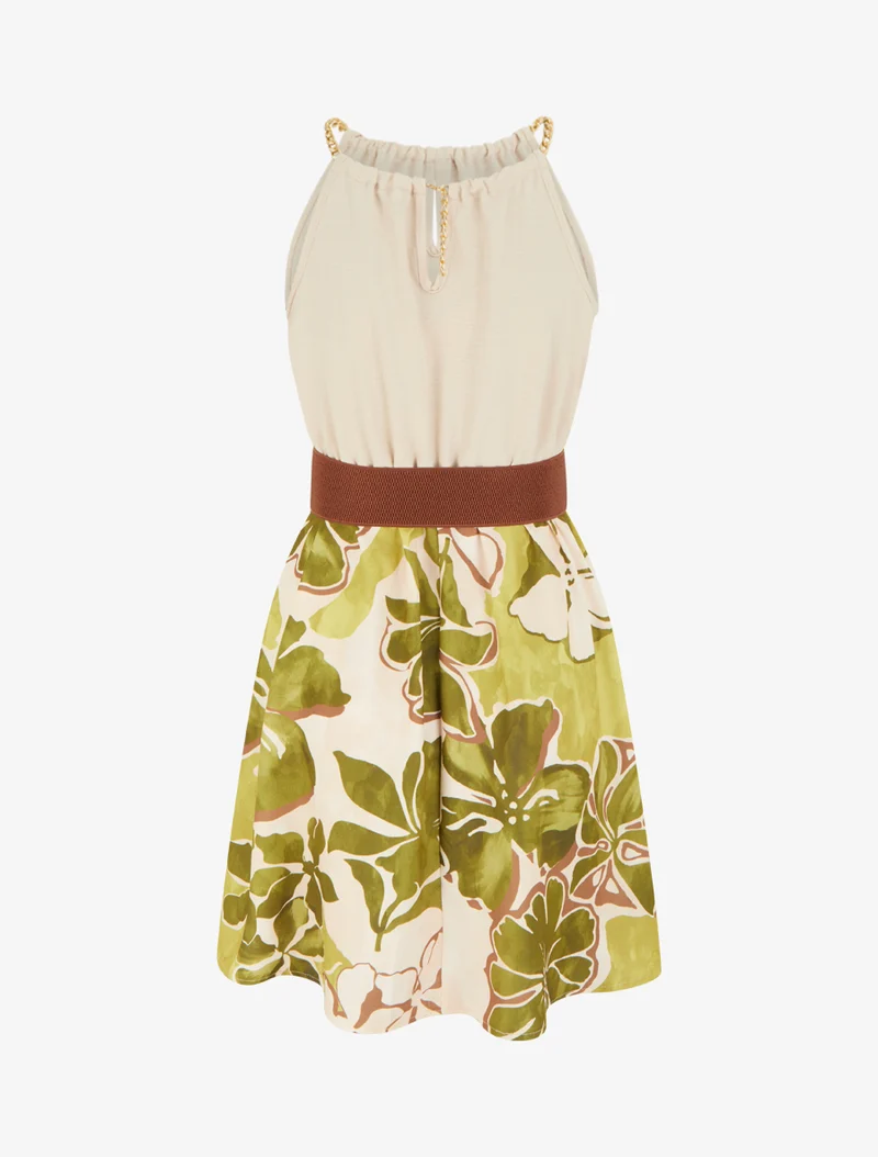 Kleid mit Ketten-Trägern und großem Blumenmuster - Olivgrün