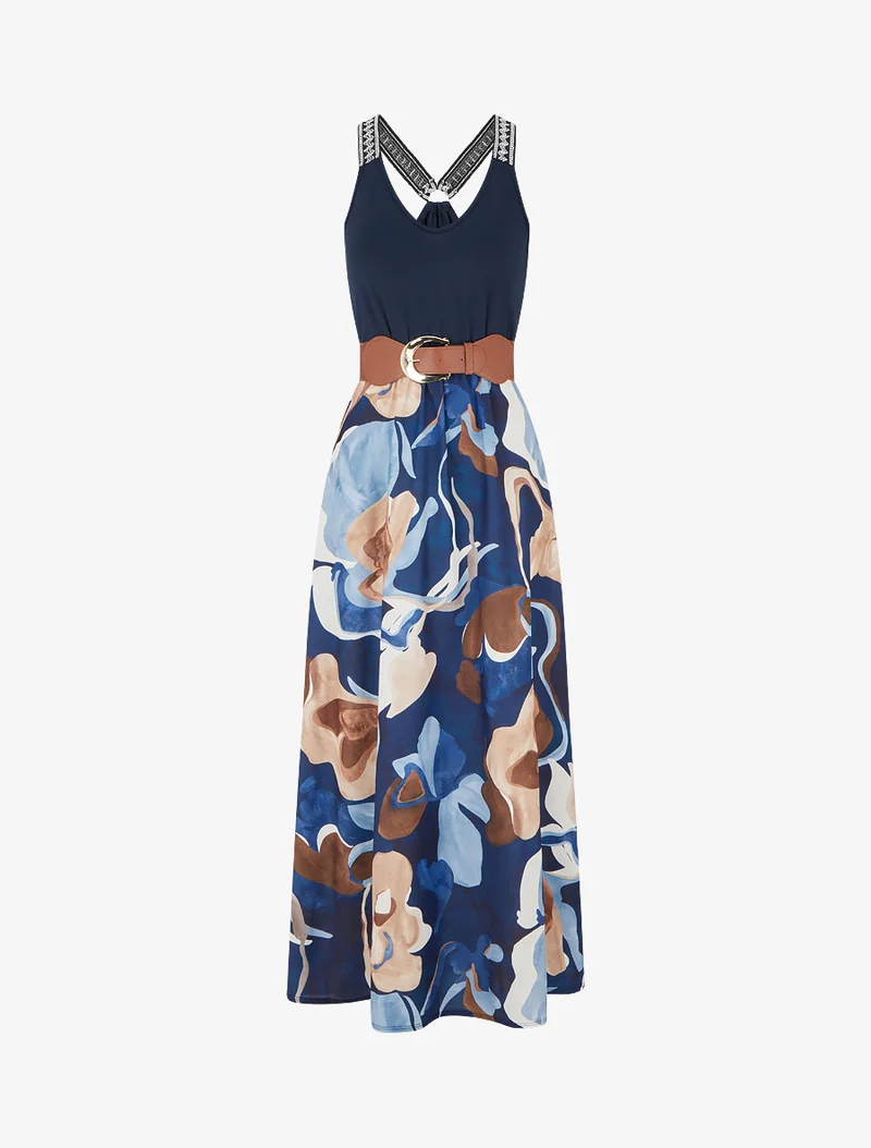 Langes Kleid mit Fantasiemuster - Marine