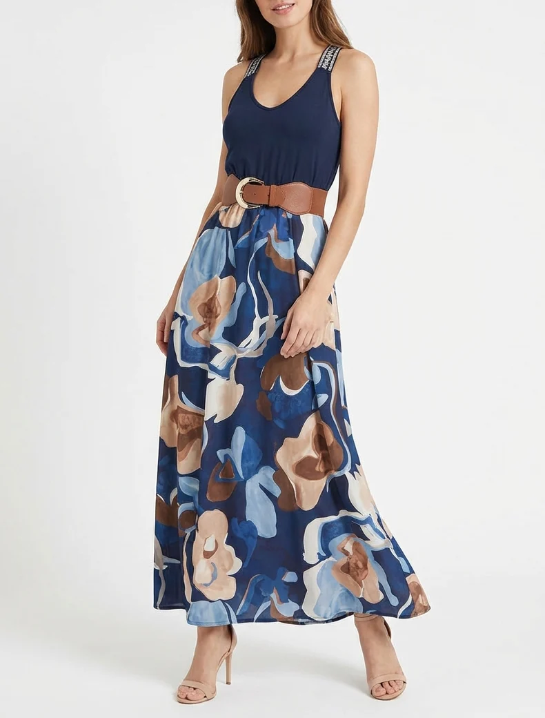 Langes Kleid mit Fantasiemuster - Marine