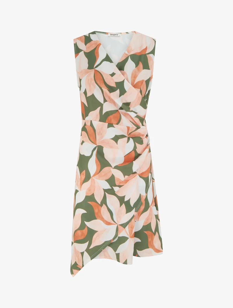 Ärmelloses Wickelkleid mit Blätterdruck - Kaki