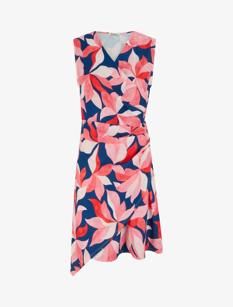 Ärmelloses Wickelkleid mit Blätterdruck - Rose