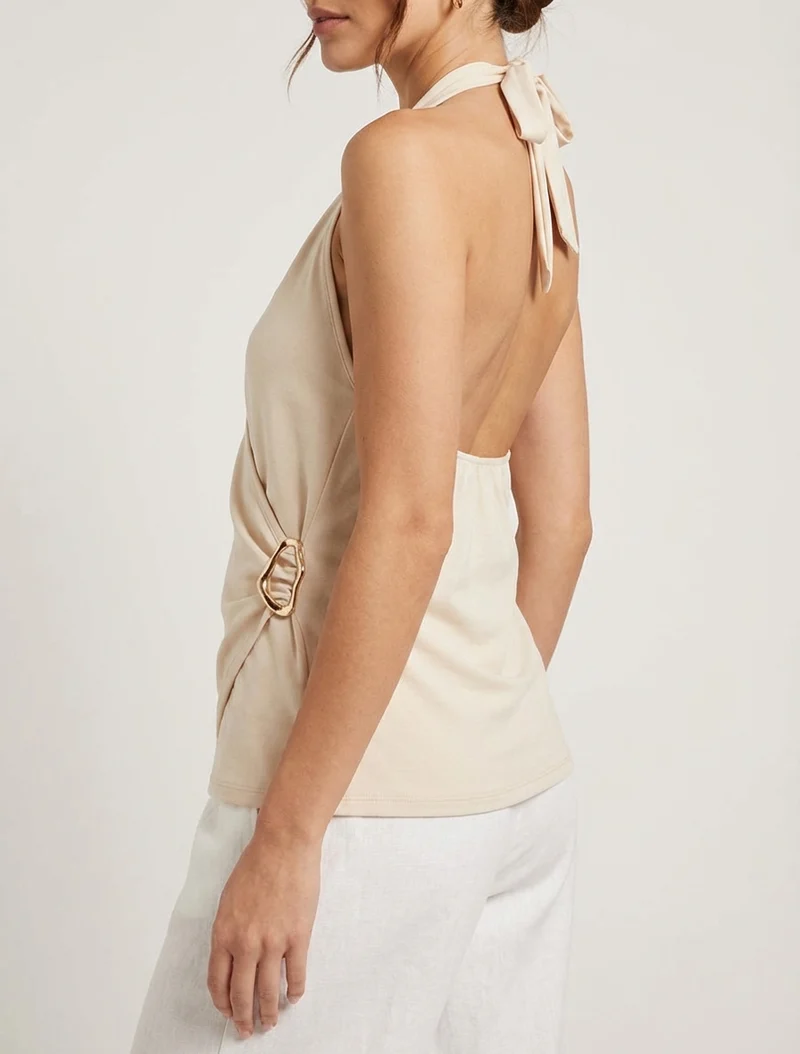 Rückenfreies Top mit Schmuckbesatz - Beige