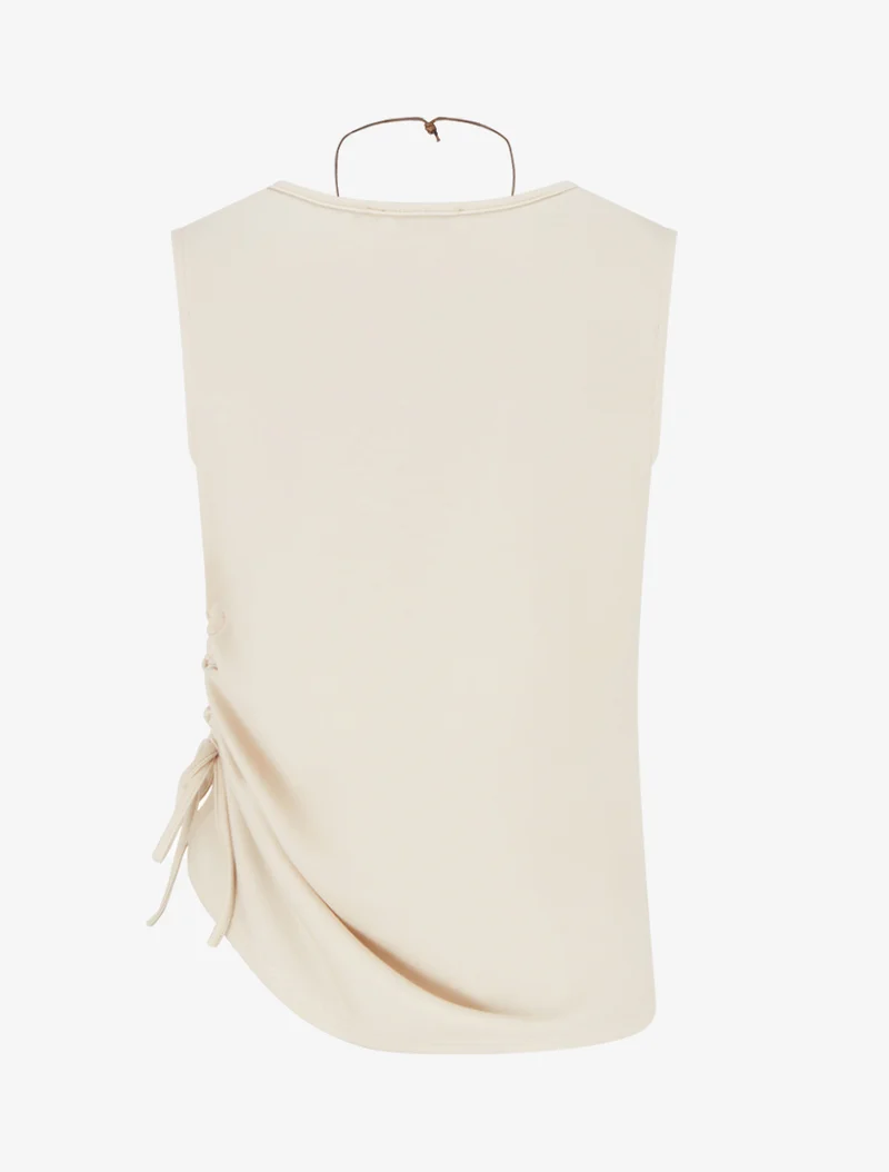 Ärmelloses, gerafftes Oberteil mit Rundhalsausschnitt - Beige
