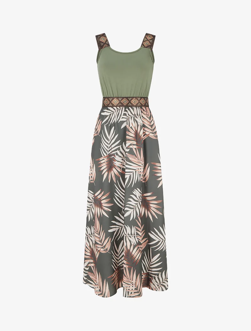 Kleid mit Blattdruck und stilisierten Trägern - Kaki