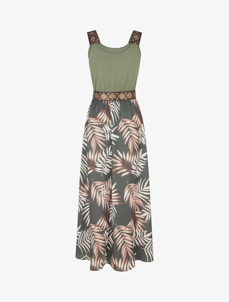 Kleid mit Blattdruck und stilisierten Trägern - Kaki
