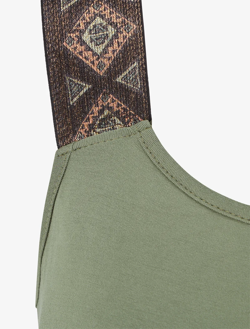 Kleid mit Blattdruck und stilisierten Trägern - Kaki